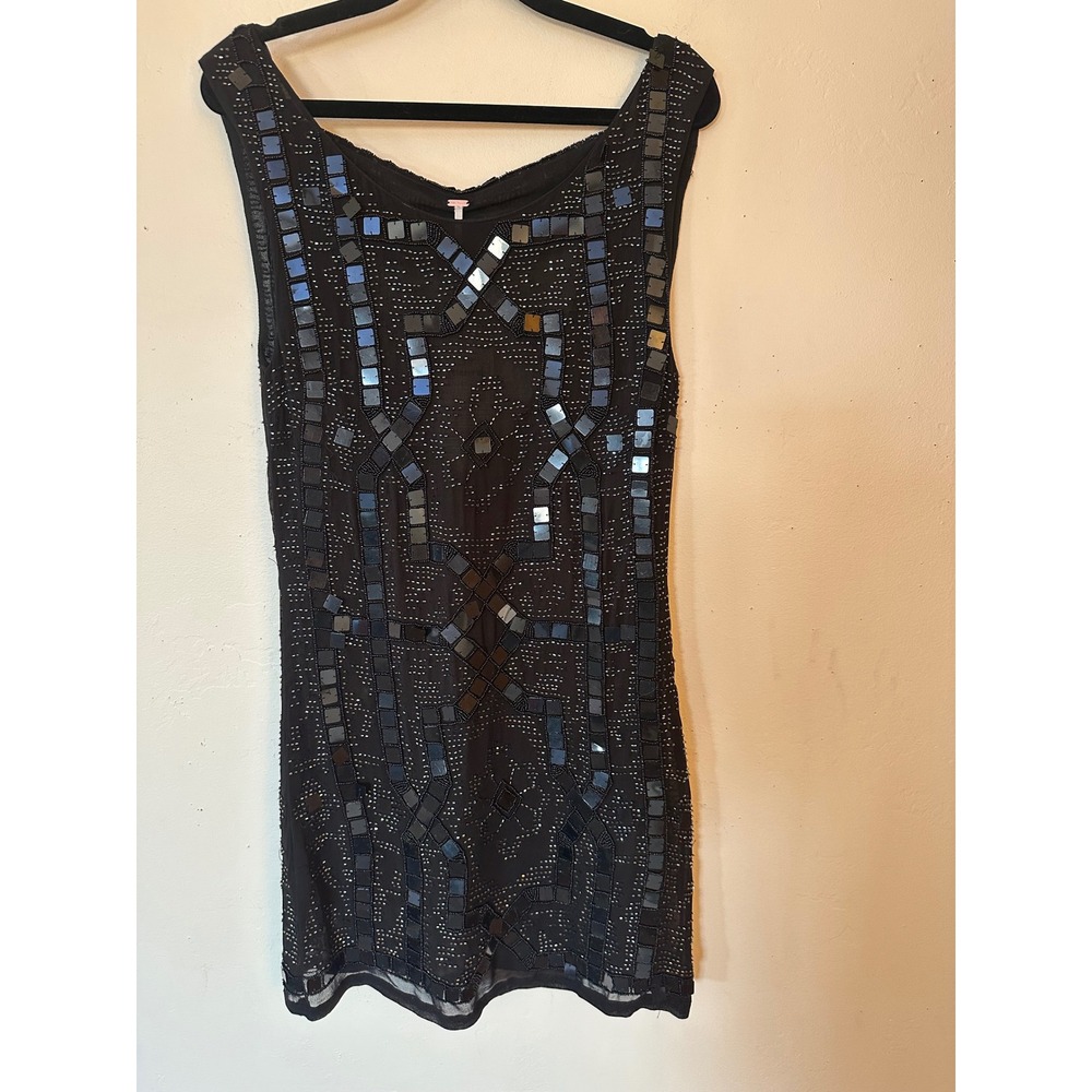 Free People Black Beaded Sequin Mini Dress OB766746 Sleeveless Mesh Size 0 NEW